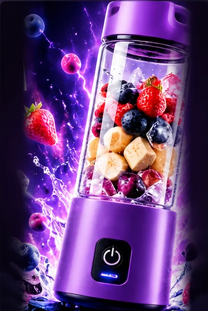 Licuadora portátil violeta sin marca, con botón de encendido visible
