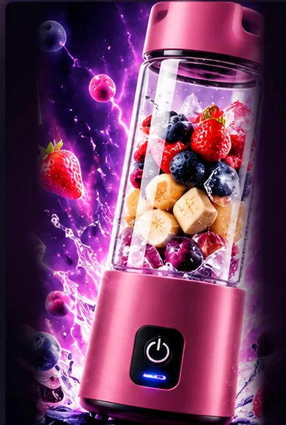 Licuadora portátil rosa sin marca, con botón de encendido visible