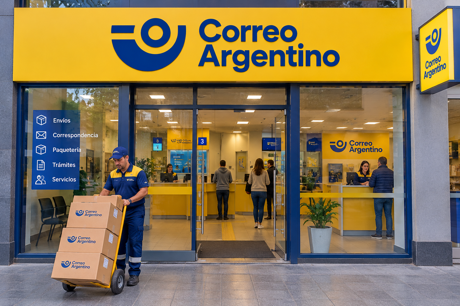 Imagen ilustrativa de Correo Argentino: repartidor con carrito de cajas frente a la sucursal y personas en su interior