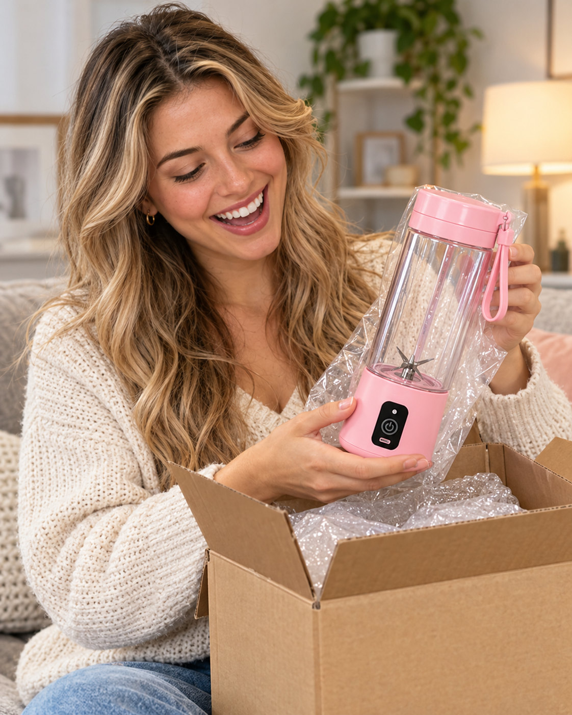 Mujer rubia abriendo una caja de envío y mostrando una licuadora portátil rosa