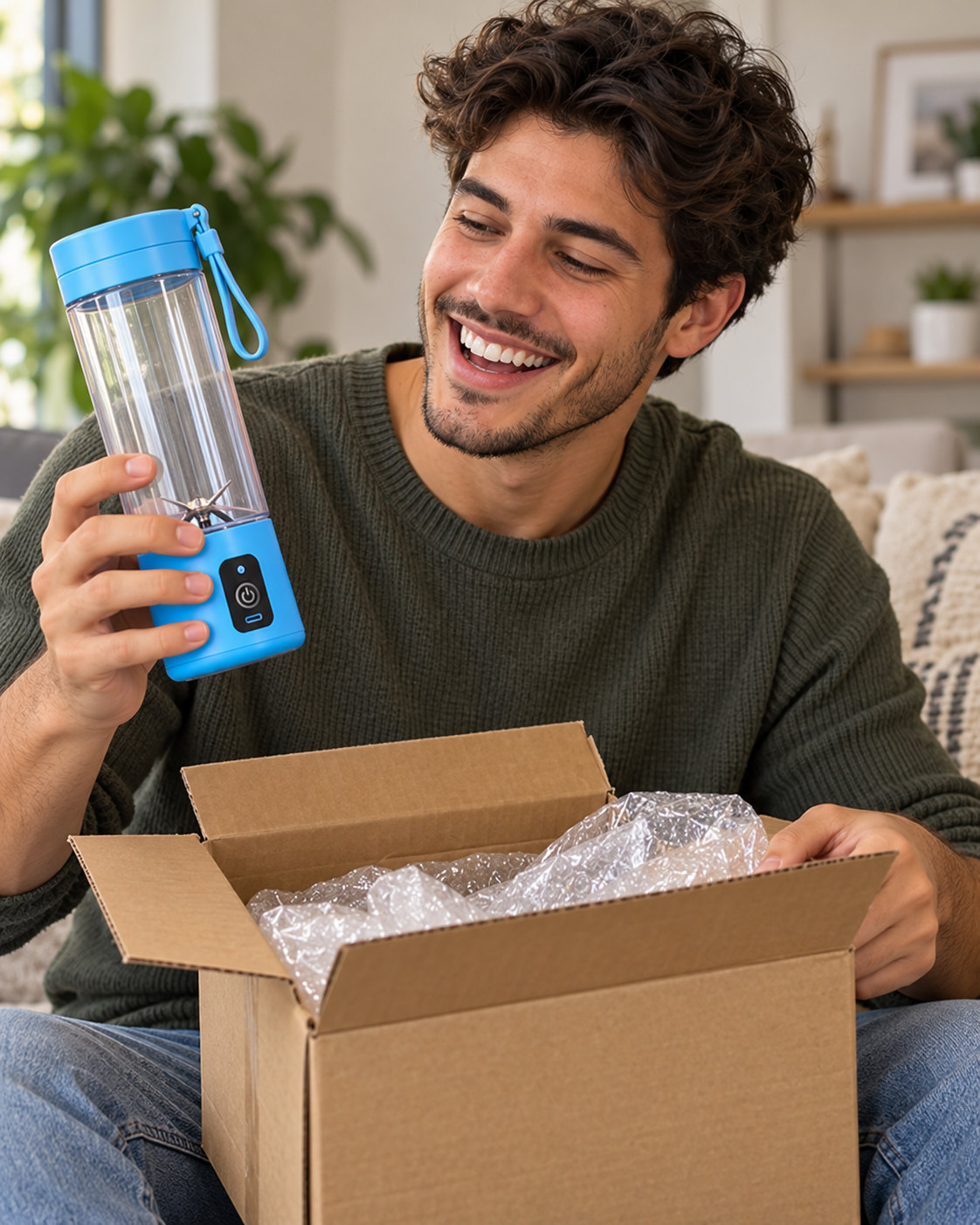 Hombre abriendo una caja de envío y mostrando una licuadora portátil azul