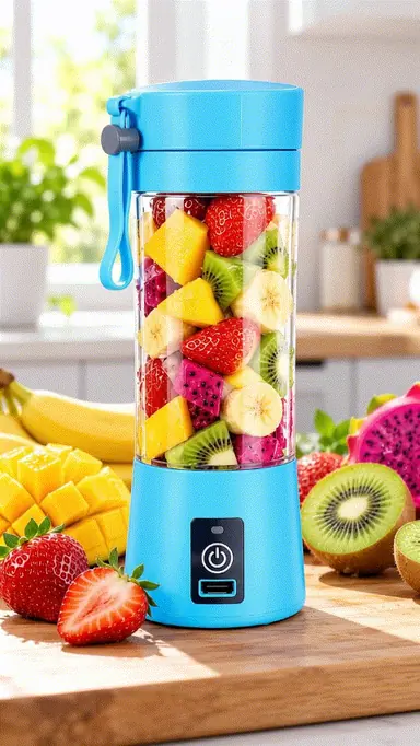 Licuadora portátil azul con frutas en movimiento