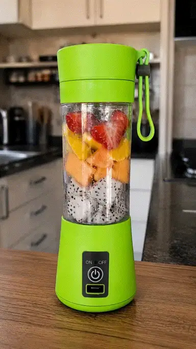 Licuadora verde preparando una mezcla de frutas