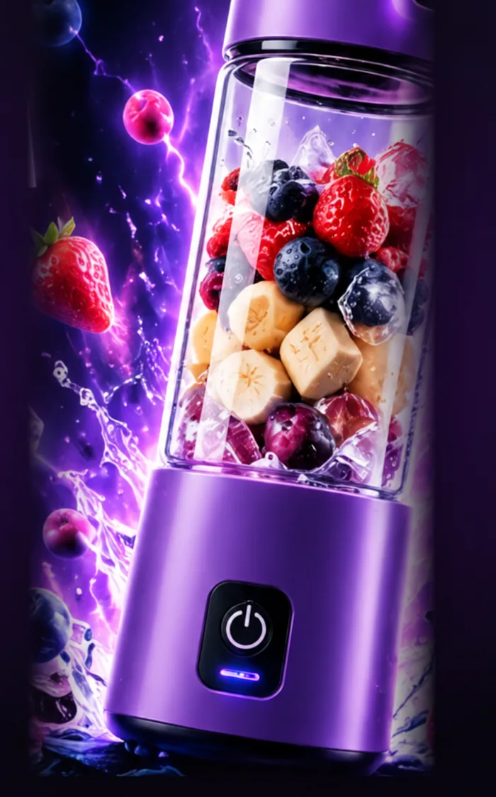 Licuadora portátil color violeta sin marca, con botón de encendido y frutas